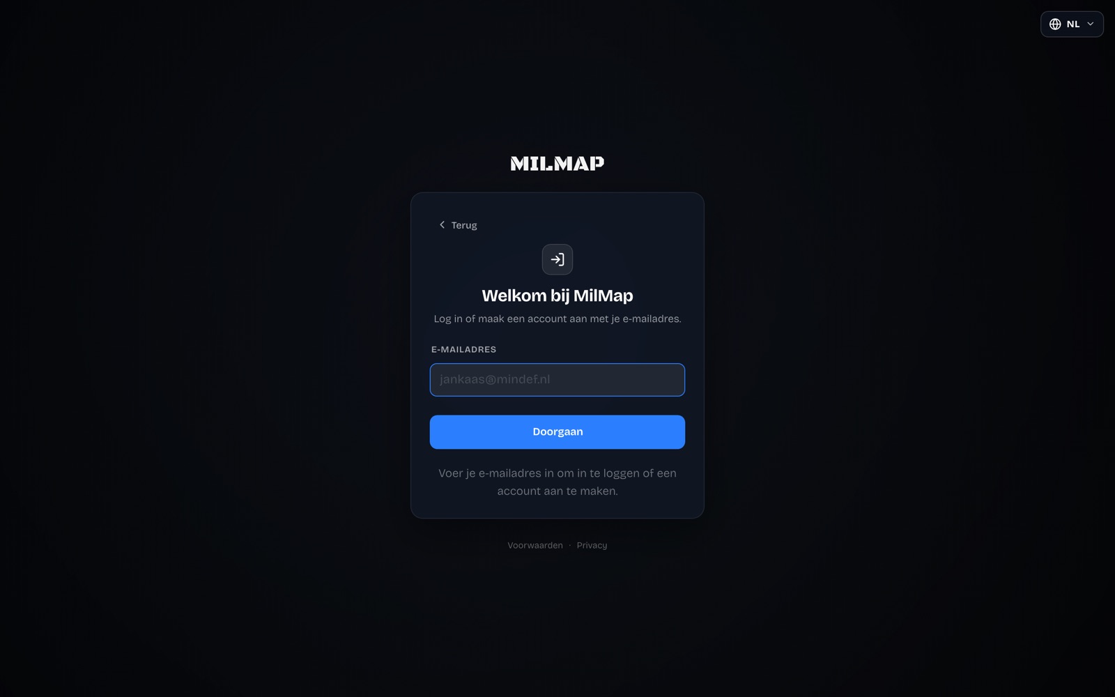 Екран входу MilMap, де ви створюєте акаунт за адресою ел. пошти