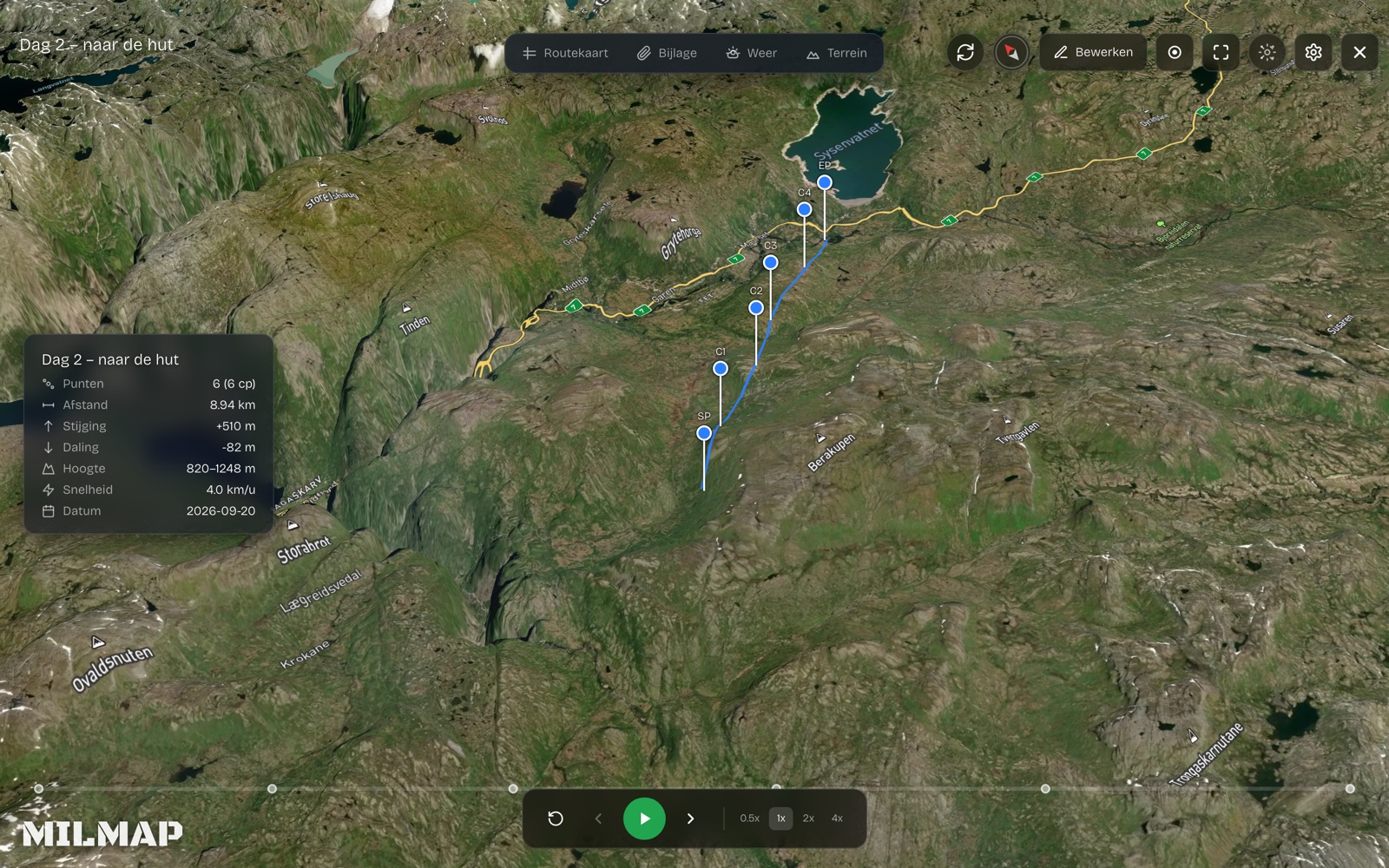 3D-обліт уздовж маршруту з відстанню, підйомом і спуском